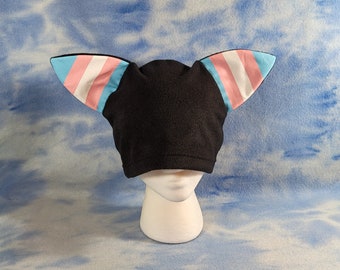 Trans Transgender Pride Kitty Hat Ears Flag Nonbinary LGBTQ Black Cat Gender Queer Beanie Fleece
