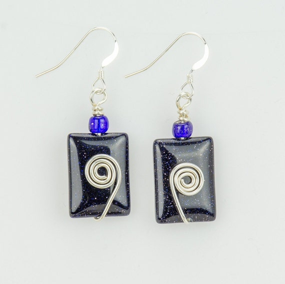 Blue Goldstone Earrings - Sterling Silver French Ear Wires - Reiki infused - Handmade in the USA