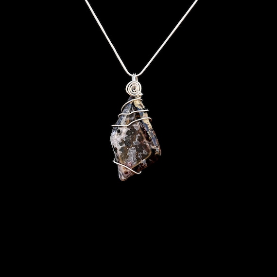 Natural Black and Gray Ocean Jasper and Argentium Silver Pendant - Handmade Boho Chic Jewelry