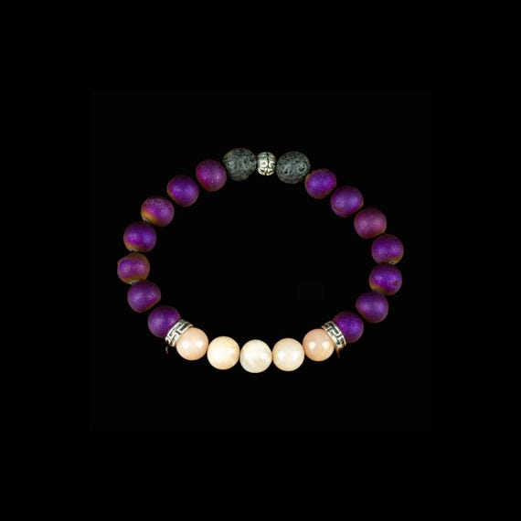 Peach Moonstone and Purple Agate Druzy Bracelet - Boho Jewelry - Reiki Infused