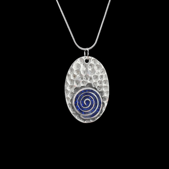 Blue Lapis Lazuli Swirl Vortex Pendant - Silver Plated Pendant - Reiki Infused Jewelry