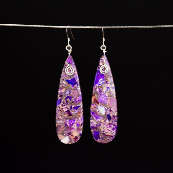 Teardrop Purple Sea Sediment Earrings with Argentium Silver Swirl - Handmade Reiki Jewelry