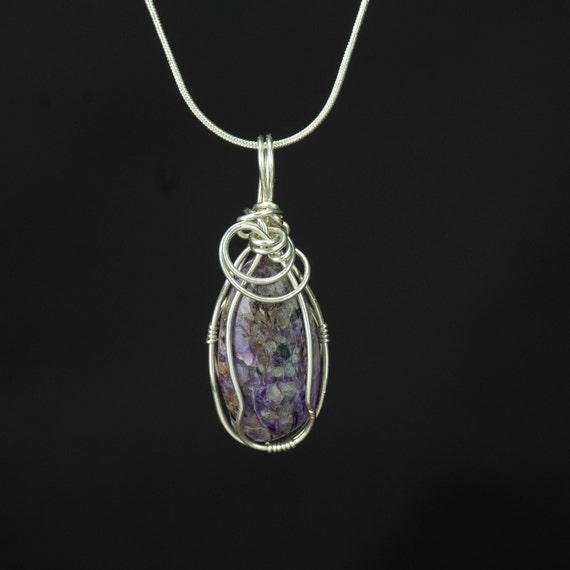 Sterling Silver Wire Wrapped Charoite Pendant - Handmade Jewelry - Reiki Infused