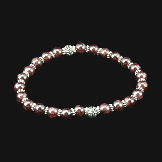 6mm Garnet Stretch Bracelet with Silver Accents - Boho Jewelry - Reiki Infused