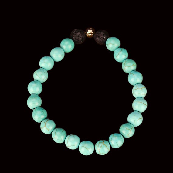 8mm Turquoise Bracelet with Lava Stones - Reiki Infused - Turquoise Howlite