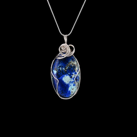 Bluebird Azurite Pendant Wrapped in .940 Argentium Silver Wire