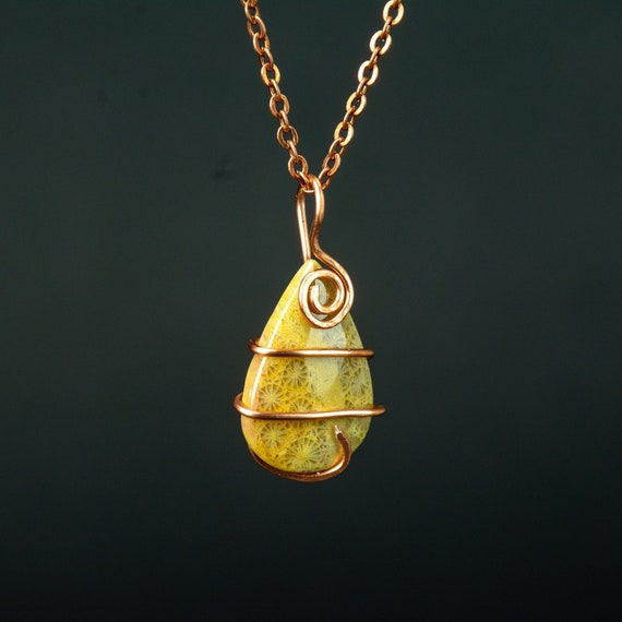 Reiki Pendant - Teardrop Fossil in Hammered Copper on Choice of Leather Cord or Copper Chain