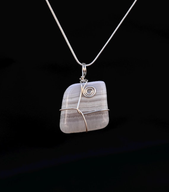 Gray Banded Agate  and Argentium Silver Pendant - Handmade Boho Chic Jewelry