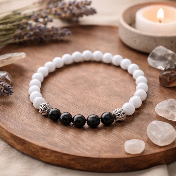 Black Spinel and Moonstone Bracelet - Boho Jewelry - Reiki Infused