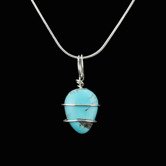 Genuine Turquoise Wrapped in .935 Argentium Silver Wire - Reiki Pendant