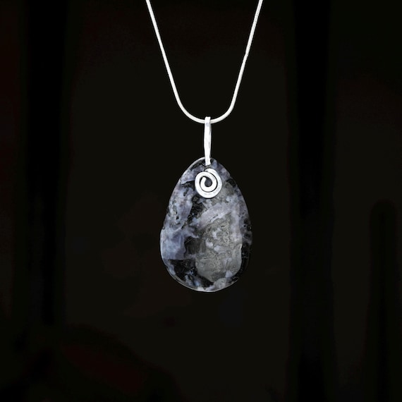 Indigo Gabbro Teardrop Pendant with Hammered Aluminum Bail and Swirl