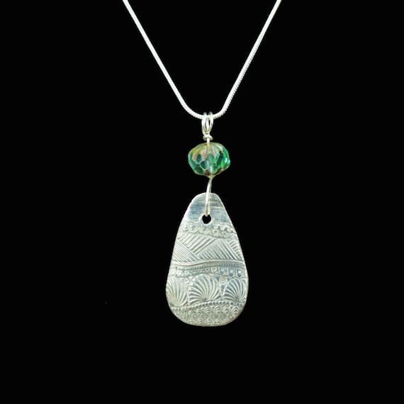 Handcrafted .999 Fine Silver Teardrop Embossed Pendant Accented with a Czech Glass Bead