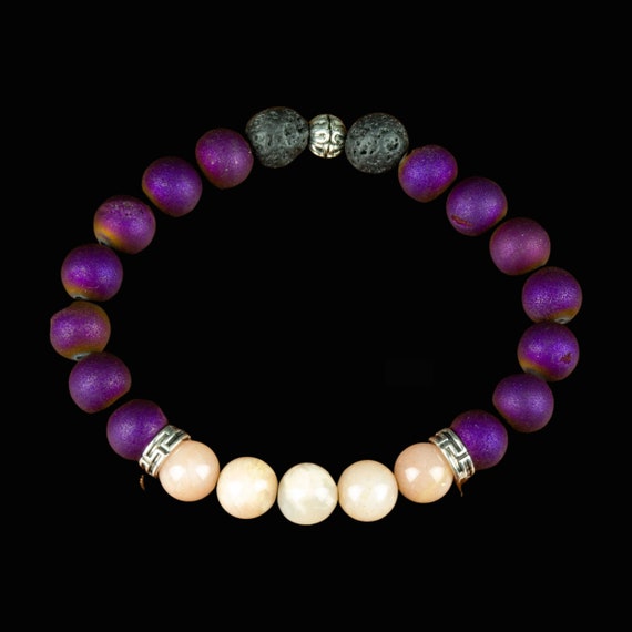 Peach Moonstone and Purple Agate Druzy Bracelet - Reiki Infused Bracelet