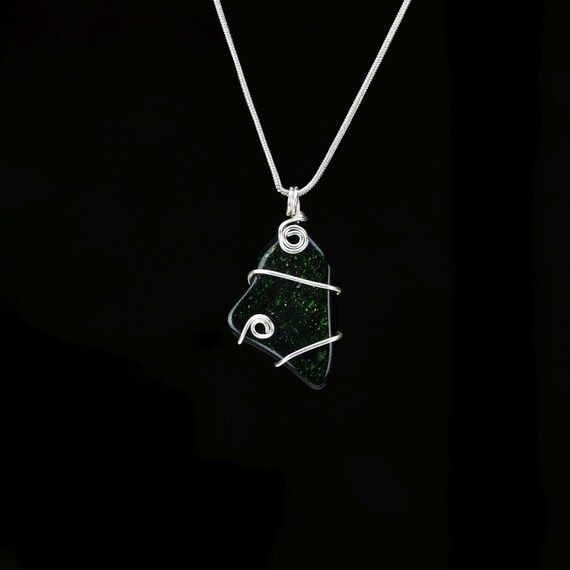 Green Goldstone Pendant - Silver Wire Wrapped Pedant