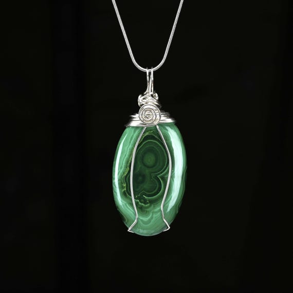 Malachite Statement Pendant Wrapped in .940 Argentium Silver Wire