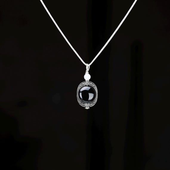 Onyx and Moonstone Tibetan Silver Pendant - Reiki Infused Pendant