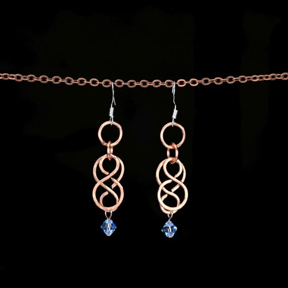 Hammered Copper Dangle Earrings with Blue Crystal Bead Embellishment