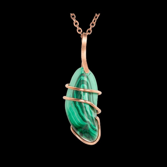 Malachite Pendant Wrapped in Copper - Choice of Chain or Leather Cord