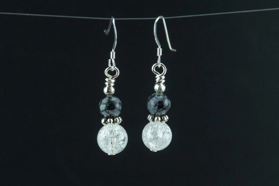 Quartz Crystal and Snowflake Obsidian Earrings with Sterling Silver Wires - Reiki Infused