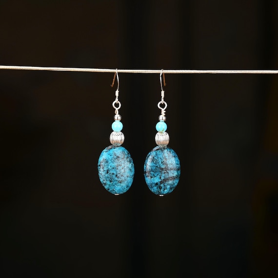 Blue Turquoise Jasper Earrings with Sterling Silver French Ear Wires