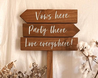 ARROW Direction Wedding Sign | Vows Here Party There | Wooden Timber Signage With Stake | Personalised Custom Ceremony Reception