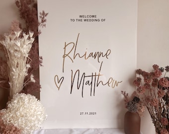 ACRYLIC Wedding Engagement Welcome Sign With Heart | Rose Gold Frosted Modern Minimalist Gold Event Signs | White Black or Clear Acrylic