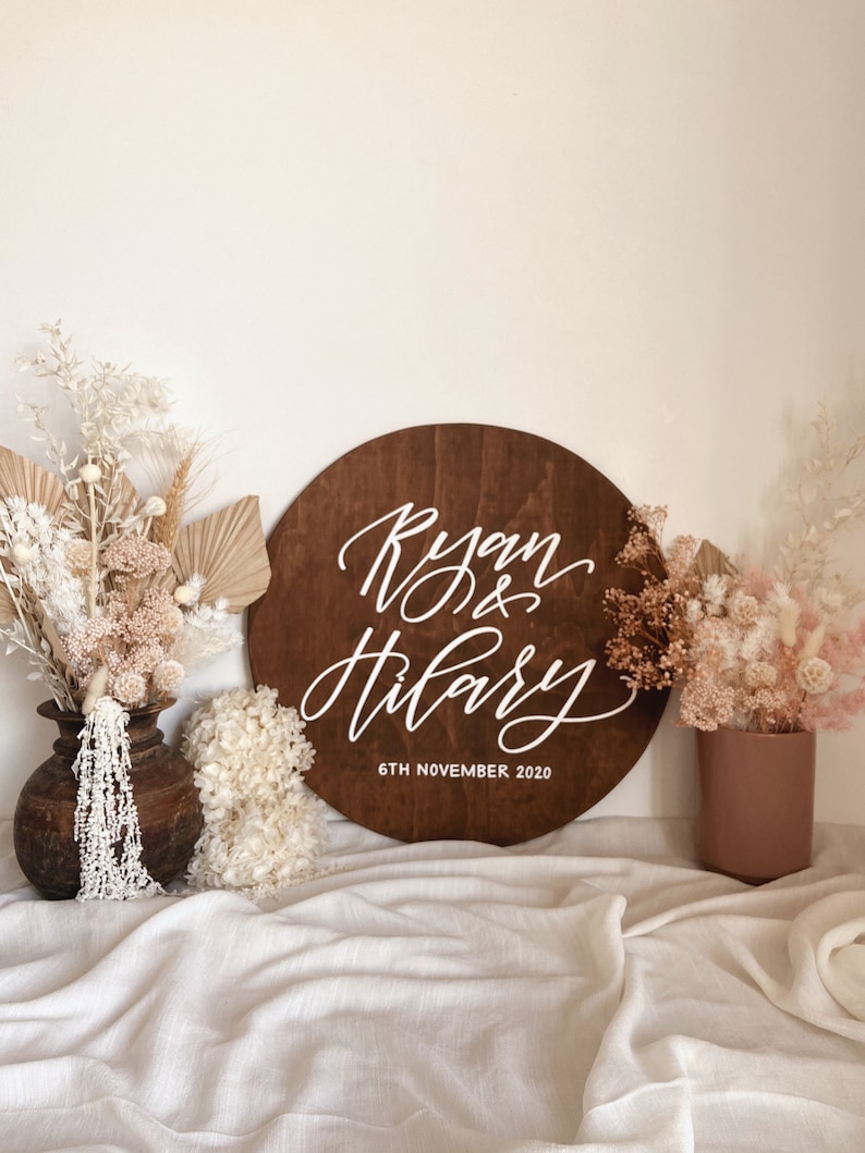 ROUND Wedding Wooden Welcome Sign Circle Wedding Reception Sign Personalised Custom Wedding Engagement Sign Willow and Ink image 6