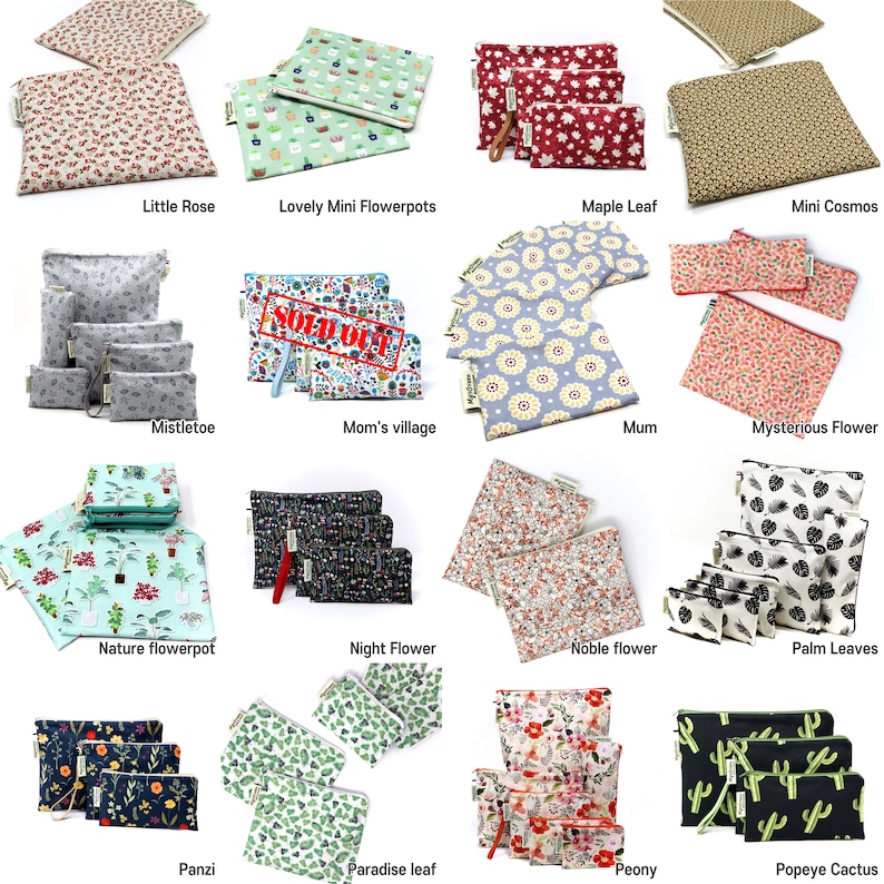 May include: A collection of 16 reusable snack bags with various floral and nature-themed prints. The bags are made of fabric and have a zipper closure. The bags are arranged in four rows of four. The bags are all different sizes and have different patterns. Some of the patterns include flowers, leaves, cacti, and birds. The bags are all labeled with their names.