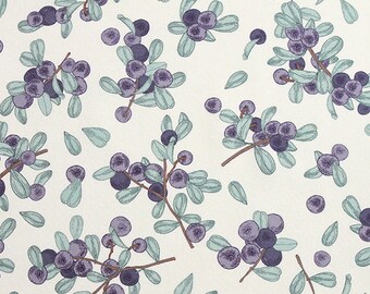 May include: A seamless pattern featuring sprigs of small, dark purple berries with light green leaves on a white background.