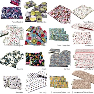 May include: A collage of 15 different fabric designs for reusable sandwich bags. The designs include floral patterns, geometric shapes, and abstract designs. The bags are made of linen and cotton.