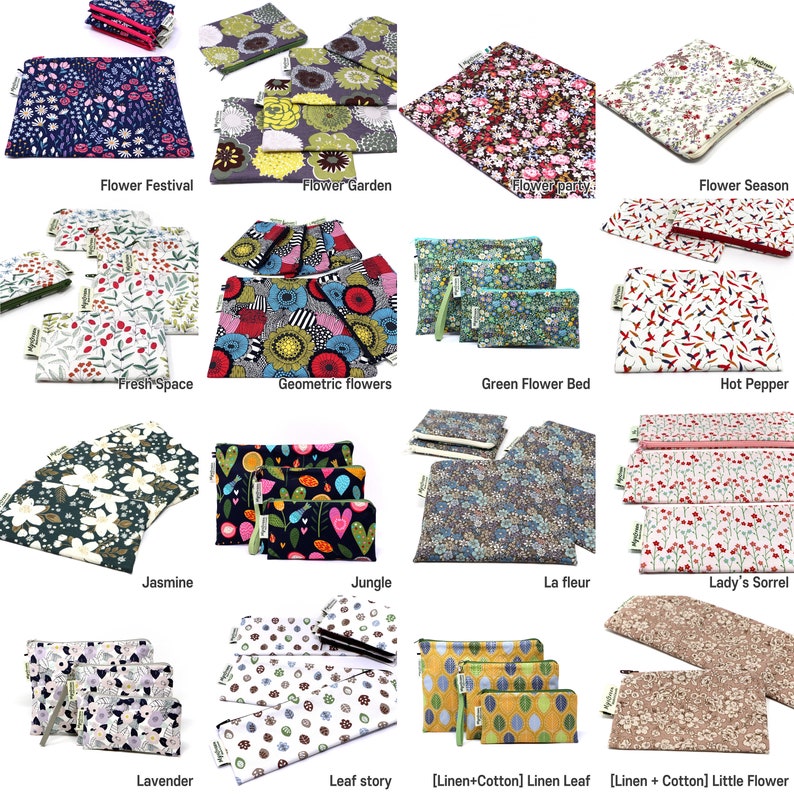 May include: A collage of 15 different fabric designs for reusable sandwich bags. The designs include floral patterns, geometric shapes, and abstract designs. The bags are made of linen and cotton.