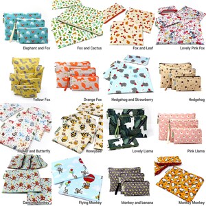 May include: A set of 16 reusable snack bags with various colorful designs featuring animals, flowers, and geometric patterns. The bags are made of fabric and have a zipper closure.