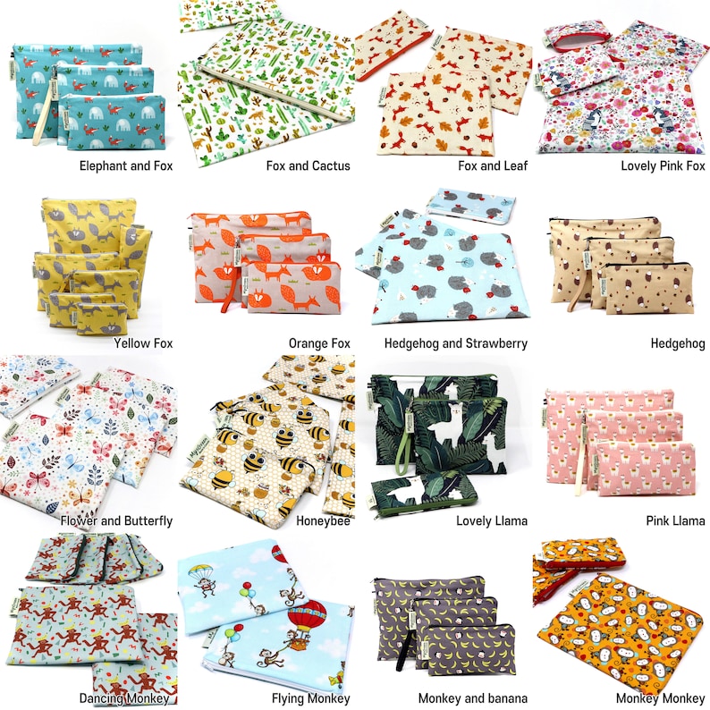 May include: A set of 16 reusable snack bags with various colorful designs featuring animals, flowers, and geometric patterns. The bags are made of fabric and have a zipper closure.