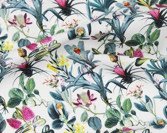 May include: White fabric with a repeating pattern of tropical flowers and leaves in shades of green, pink, yellow, and white.