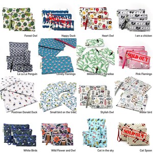 May include: A collection of 12 different fabric zipper pouches with various designs, including owls, ducks, flamingos, birds, and cats. The pouches are made of cotton and are perfect for storing small items like makeup, jewelry, or electronics.