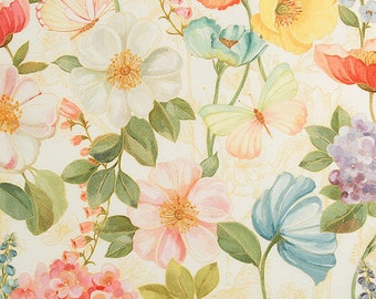 May include: A floral pattern with white, pink, blue, and yellow flowers, green leaves, and butterflies. The background is a cream color.