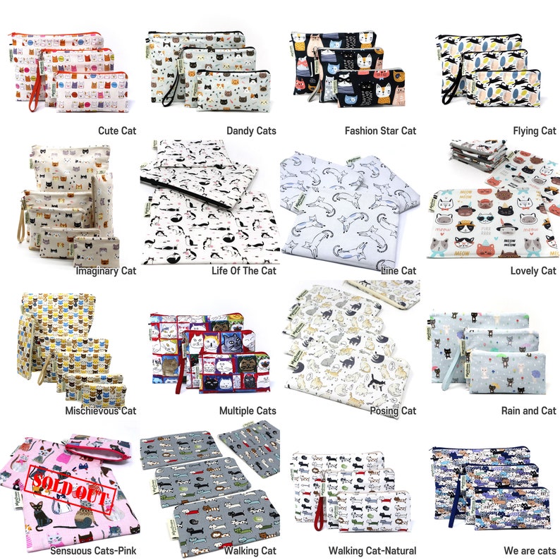 May include: A collection of 16 different zippered pouches featuring various cat designs. The pouches are made of fabric and come in a variety of colors and patterns. The pouches are all lined up in rows of four, with the names of each design written below them.