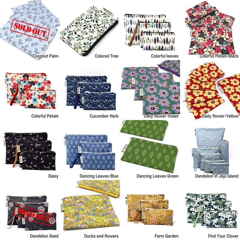 May include: A collection of 15 different fabric zippered pouches with various floral and leaf patterns. The pouches are available in a variety of sizes and colors, including blue, green, yellow, red, and black. The pouches are perfect for storing small items like makeup, jewelry, or electronics.