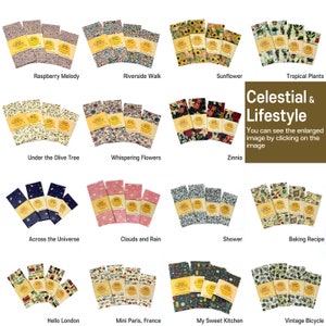 May include: A set of 12 different patterned food wraps, each with a unique design. The wraps are made of beeswax, organic cotton, and tree resin. The designs include: Raspberry Melody, Riverside Walk, Sunflower, Under the Olive Tree, Whispering Flowers, Zinnia, Tropical Plants, Across the Universe, Clouds and Rain, Shower, Baking Recipe, Hello London, Mini Paris, France, My Sweet Kitchen, and Vintage Bicycle.