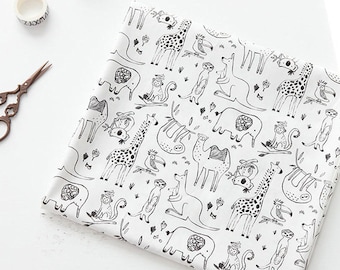 Animal pattern, Safari Monkey, giraffe, kangaroo print Cotton Fabric by the yard, 110cm wide, Free Shipping, cotton material, Sewing, DTP