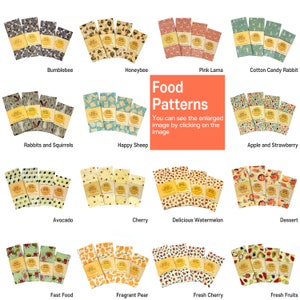 May include: A collection of 16 different food-themed beeswax food wraps. Each wrap features a unique design with colorful illustrations of fruits, vegetables, and other food items. The wraps are made of beeswax, cotton, and tree resin, and are reusable and washable.