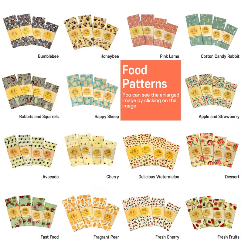 May include: A collection of 16 different food-themed beeswax food wraps. Each wrap features a unique design with colorful illustrations of fruits, vegetables, and other food items. The wraps are made of beeswax, cotton, and tree resin, and are reusable and washable.