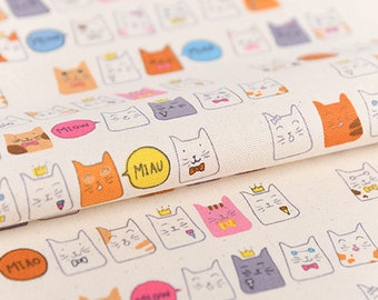 Cat printed Cotton Fabric by the yard, Cute Cat, 110cm wide, cotton material, Sewing, DTP fabric, Crafting, Animal, kitty, Meow, puss