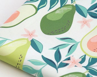 May include: White fabric with a repeating pattern of green avocados, pink flowers, and green leaves.