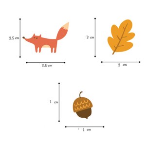 May include: Four illustrated images of autumnal elements: a red fox with a white tail, a brown acorn, a yellow oak leaf, and a brown acorn. The images are outlined in black and have measurements in centimeters.