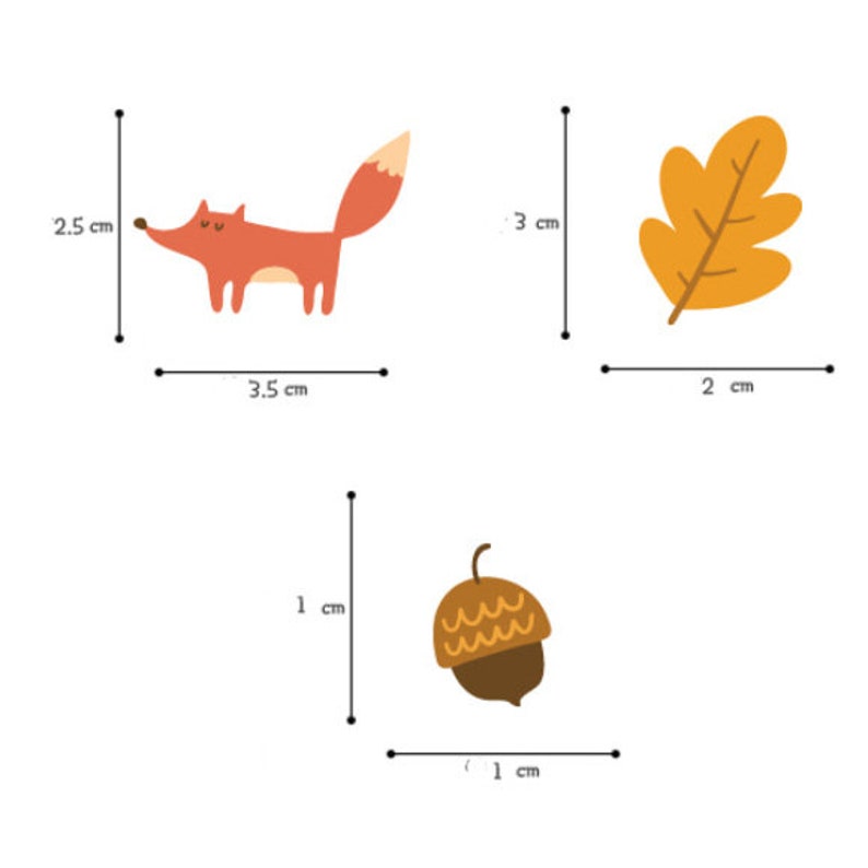 May include: Four illustrated images of autumnal elements: a red fox with a white tail, a brown acorn, a yellow oak leaf, and a brown acorn. The images are outlined in black and have measurements in centimeters.