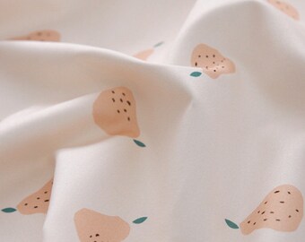 May include: A close-up of a white fabric with a repeating pattern of peach-colored pears with green stems. The fabric has a smooth, silky texture.