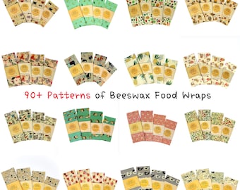 May include: A collection of 90+ patterned beeswax food wraps. The wraps are made of fabric and are designed with various patterns, including animals, fruits, and geometric shapes. The wraps are a sustainable alternative to plastic wrap.