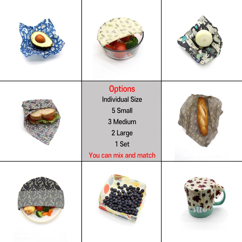 May include: A set of reusable food wraps in various patterns and sizes. The wraps are made of beeswax, organic cotton, and tree resin. They are shown covering a variety of foods, including an avocado, a bowl of fruit, a sandwich, a baguette, blueberries, and a mug. The text on the image reads "Options, Individual Size, 5 Small, 3 Medium, 2 Large, 1 Set, You can mix and match."