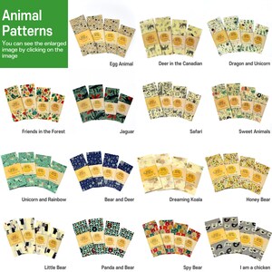 May include: A set of 16 different animal-themed beeswax food wraps. Each wrap features a unique design with colorful illustrations of animals, including a deer, a dragon, a unicorn, a jaguar, a panda, a bear, a koala, and a chicken. The wraps are made of beeswax, cotton, and tree resin, and are reusable and washable.
